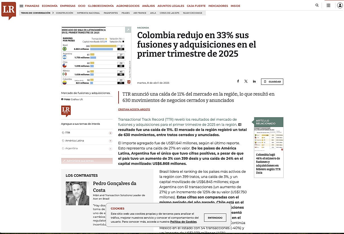 HACIENDA Colombia redujo en 33% sus fusiones y adquisiciones en el primer trimestre de 2025